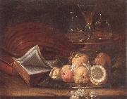unknow artist Still life of a lute,books,apples and lemons,together with a gilt tazza with a wine glass and decanters,all upon a stone ledge France oil painting artist